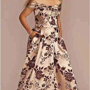 Oleg Cassini Metallic Brocade Off the Shoulder Gown.